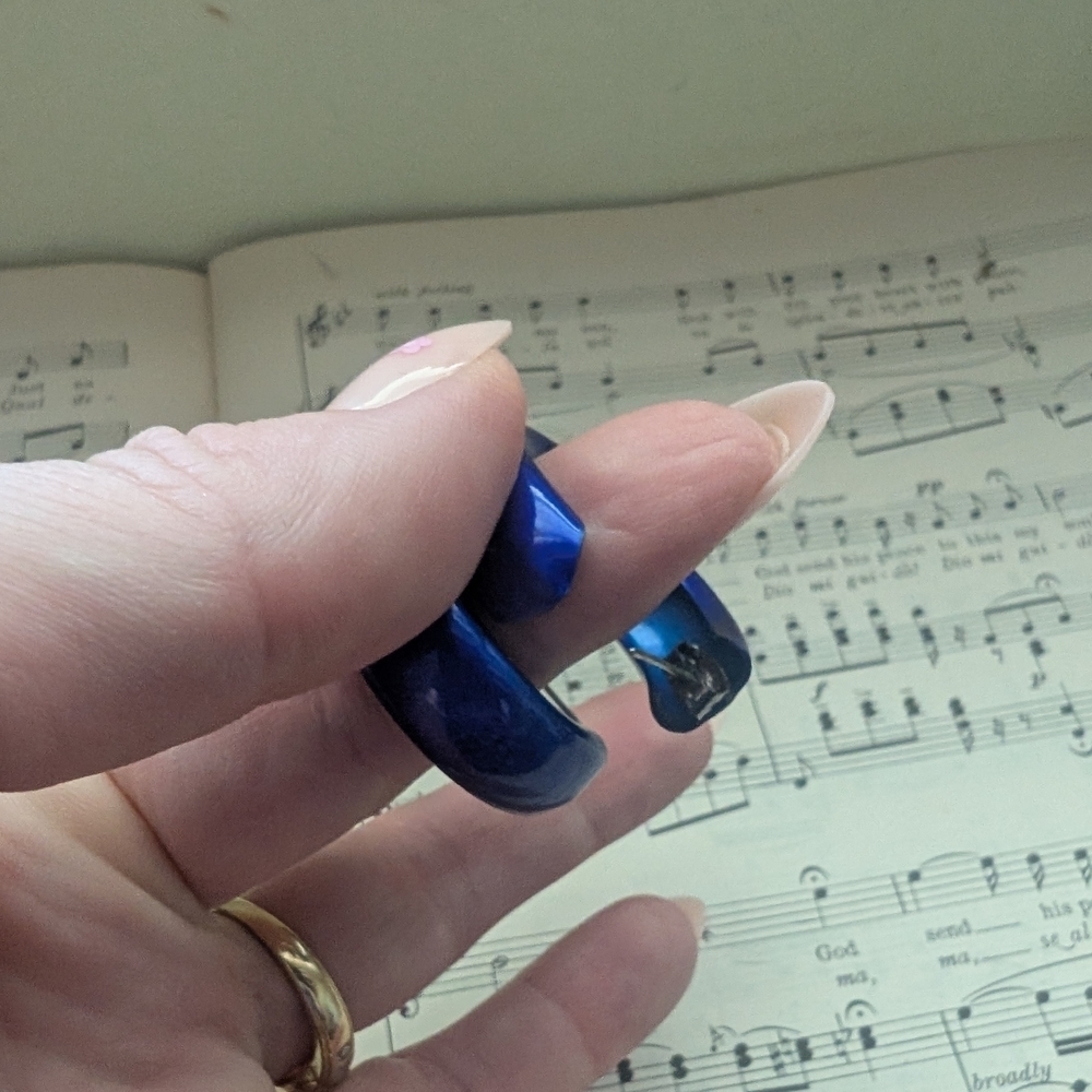 Metallic Blue Crescent Hoop Earrings - Picture 3 of 7